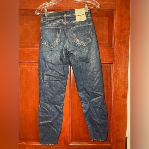 L'AGENCE El Matador Glitter-Coated Stretch Slim-Fit Jeans 32 Blue Raw Hem - Picture 4 of 16